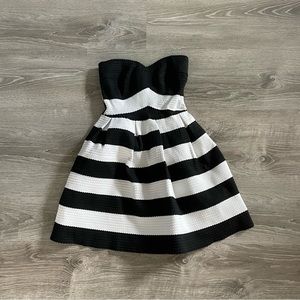 B Darlin A-line Black and White Striped Strapless Dress